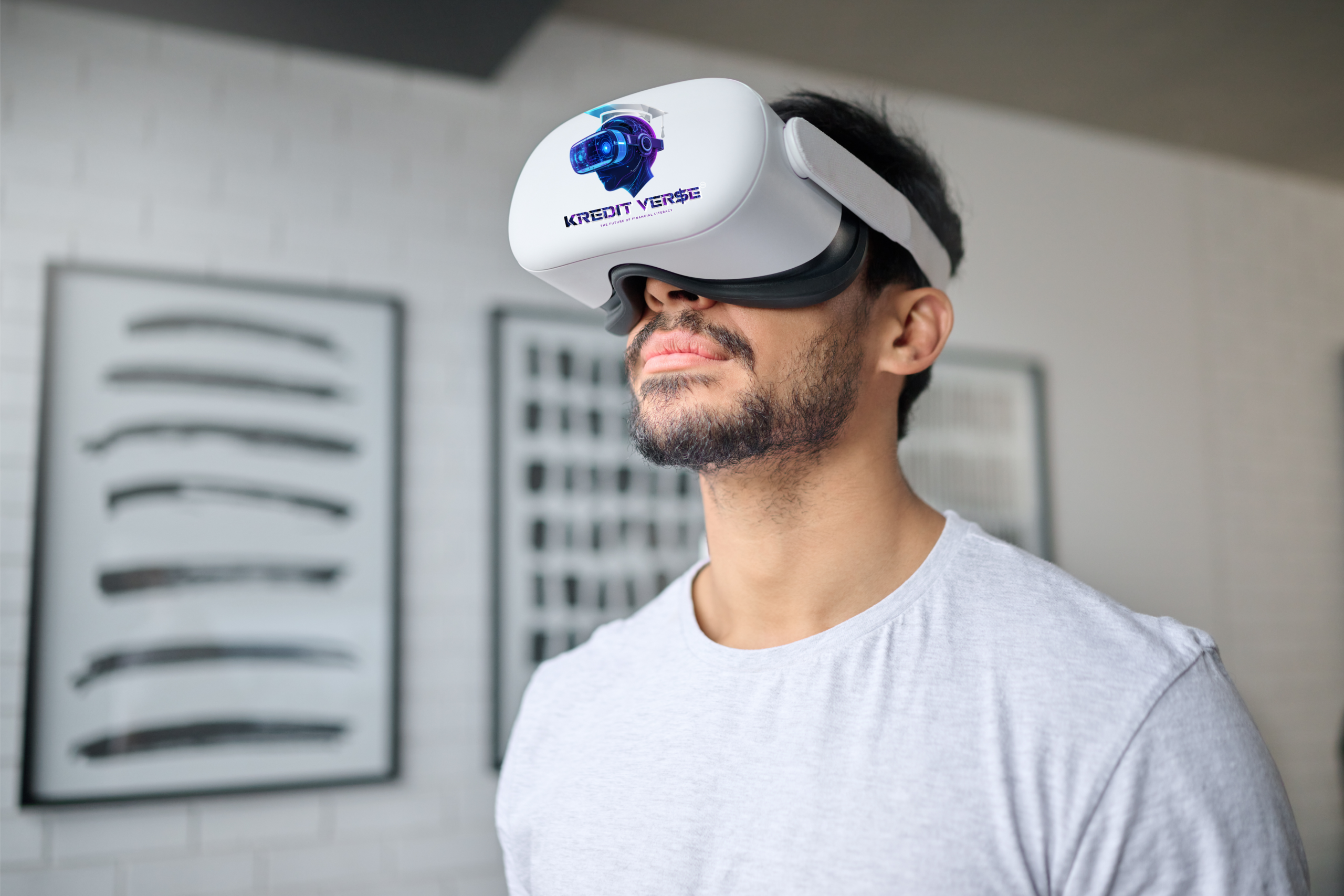 A working-age adult experiencing a career simulation in a KreditVerse VR headset