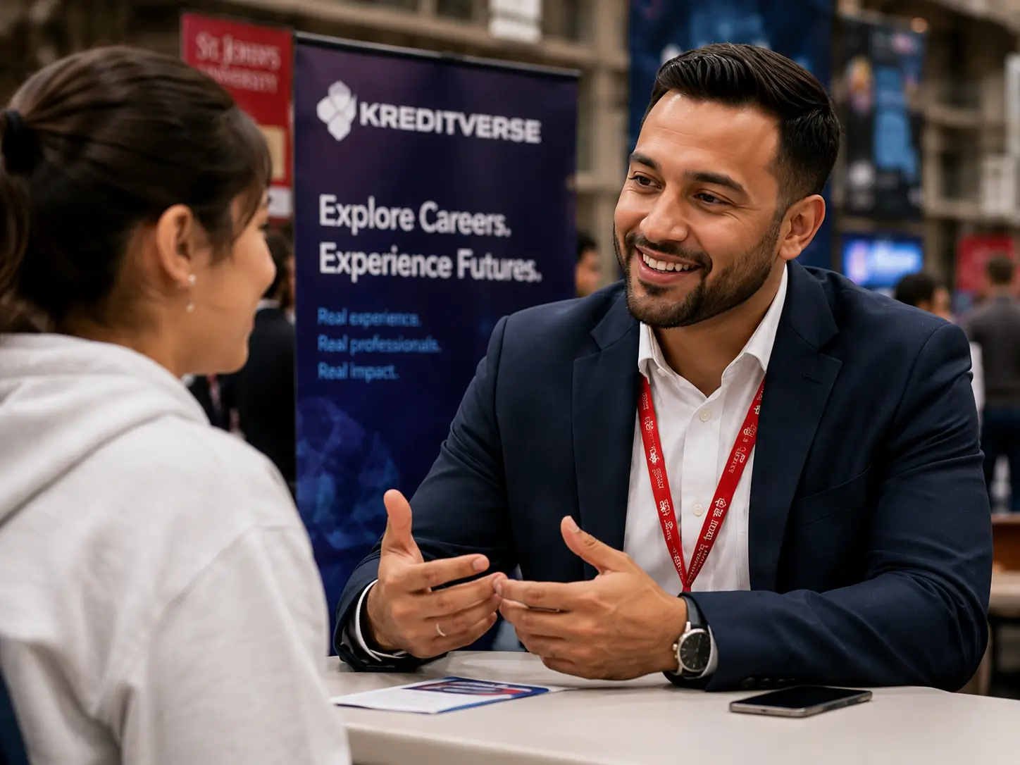 A working adult speaking with an industry professional at a career event