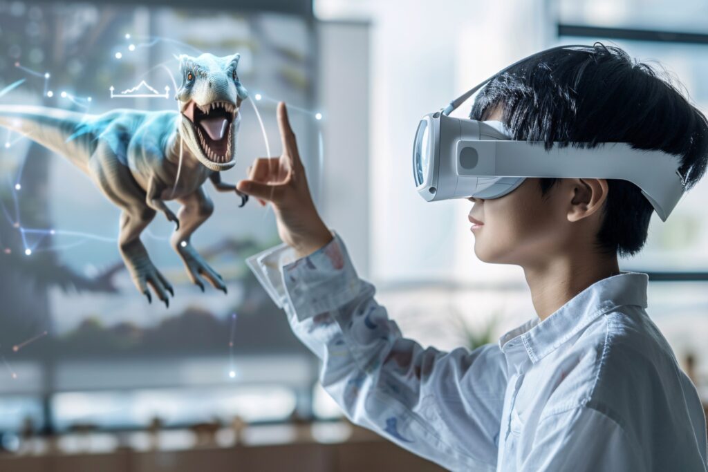 A young person wearing a KreditVerse virtual reality headset interacts with a 3D holographic dinosaur projection. The dinosaur appears lifelike and mid-roar, surrounded by digital light effects and data lines. The user extends a hand toward the hologram, demonstrating immersive learning through augmented and virtual reality technology.