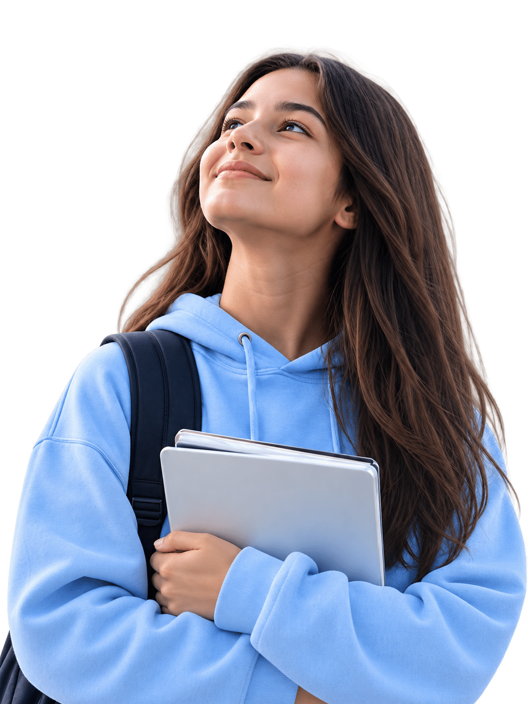 A hopeful student holding a tablet and looking toward future opportunities.