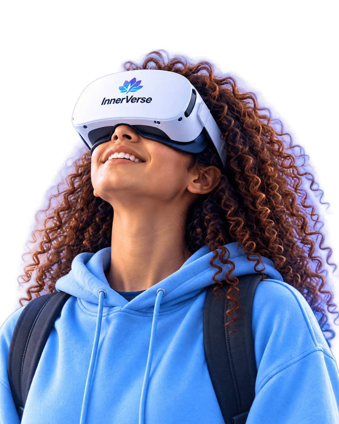 A smiling K–12 student in a blue hoodie and backpack wears an InnerVerse VR headset.
