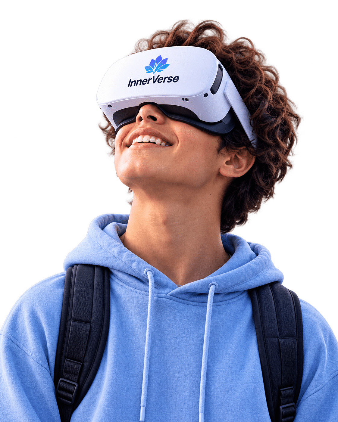 A smiling student in a blue hoodie explores InnerVerse with a VR headset.