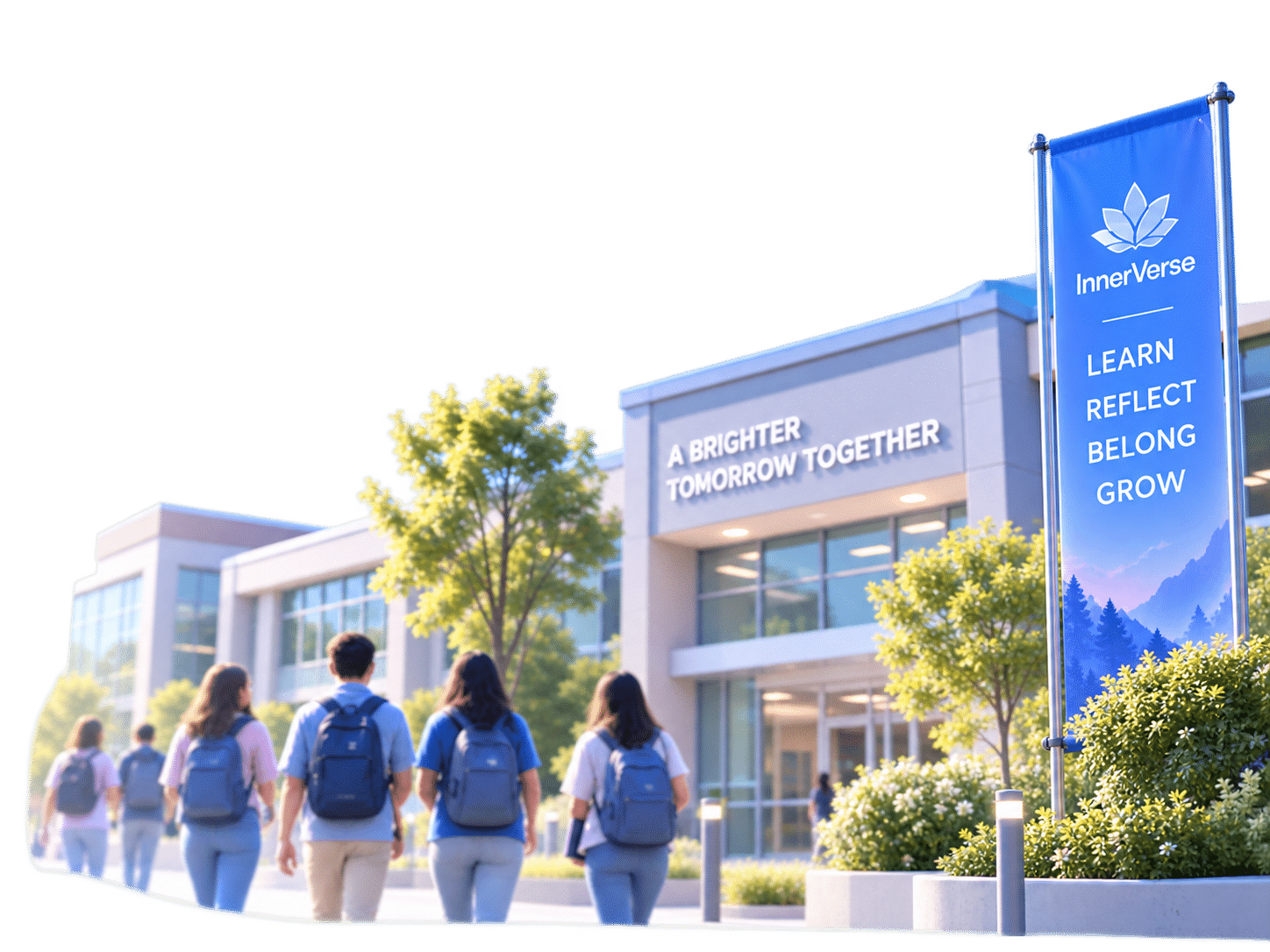 Students approaching a school campus prepared for an InnerVerse learning day.