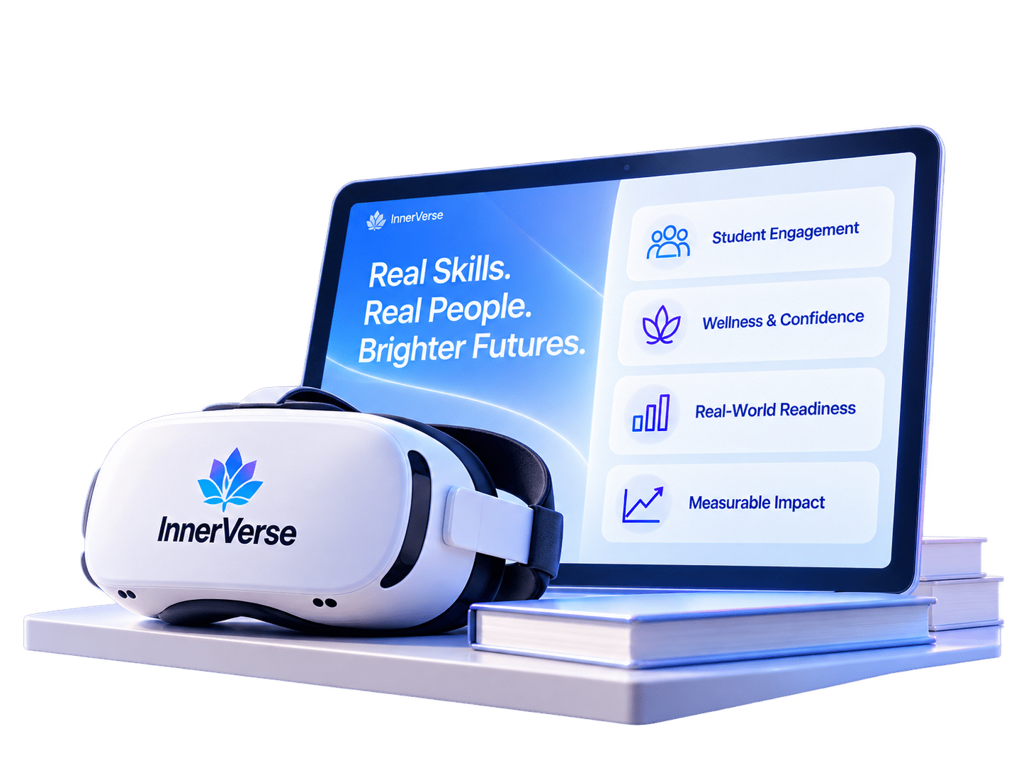 InnerVerse VR headset beside a laptop showing student engagement, wellness, readiness, and impact.