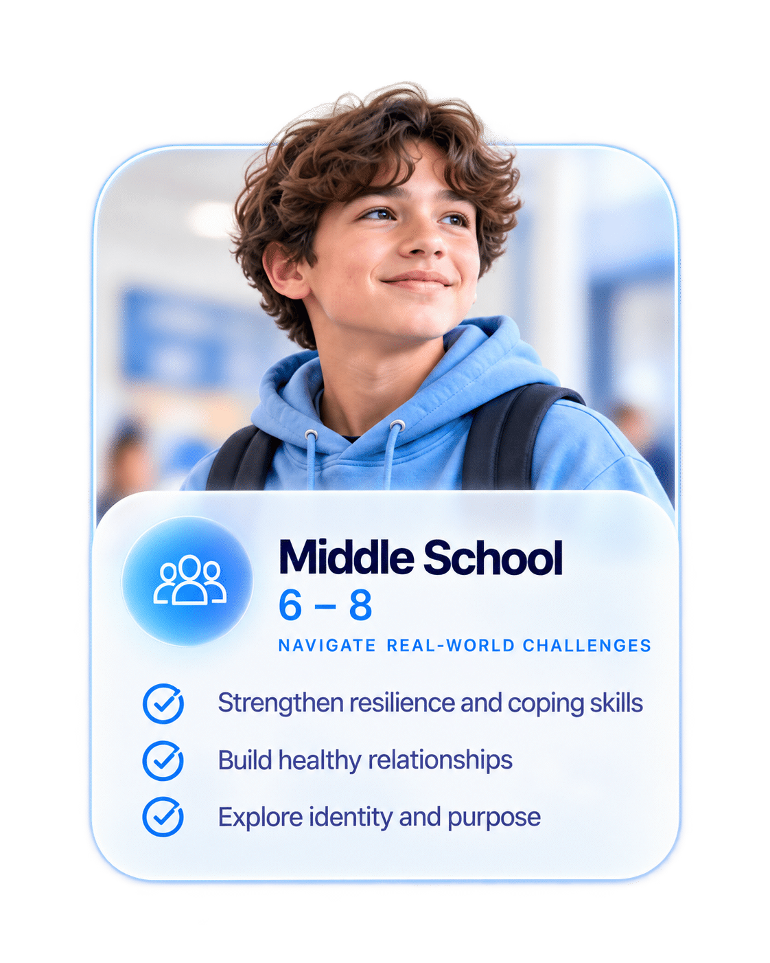Middle School, grades 6 through 8: resilience, healthy relationships, identity, and purpose.