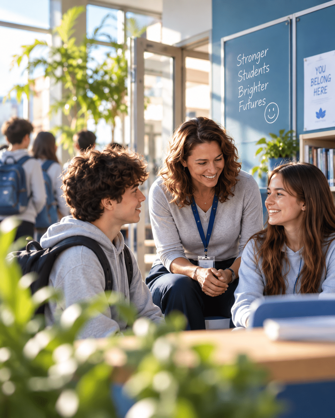A school counselor connecting with students in a calm school environment.