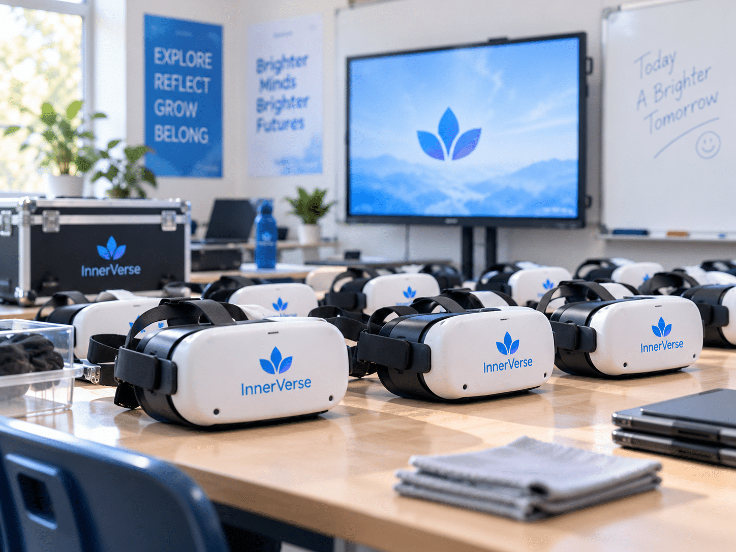 InnerVerse VR headsets prepared for the school-day experience.
